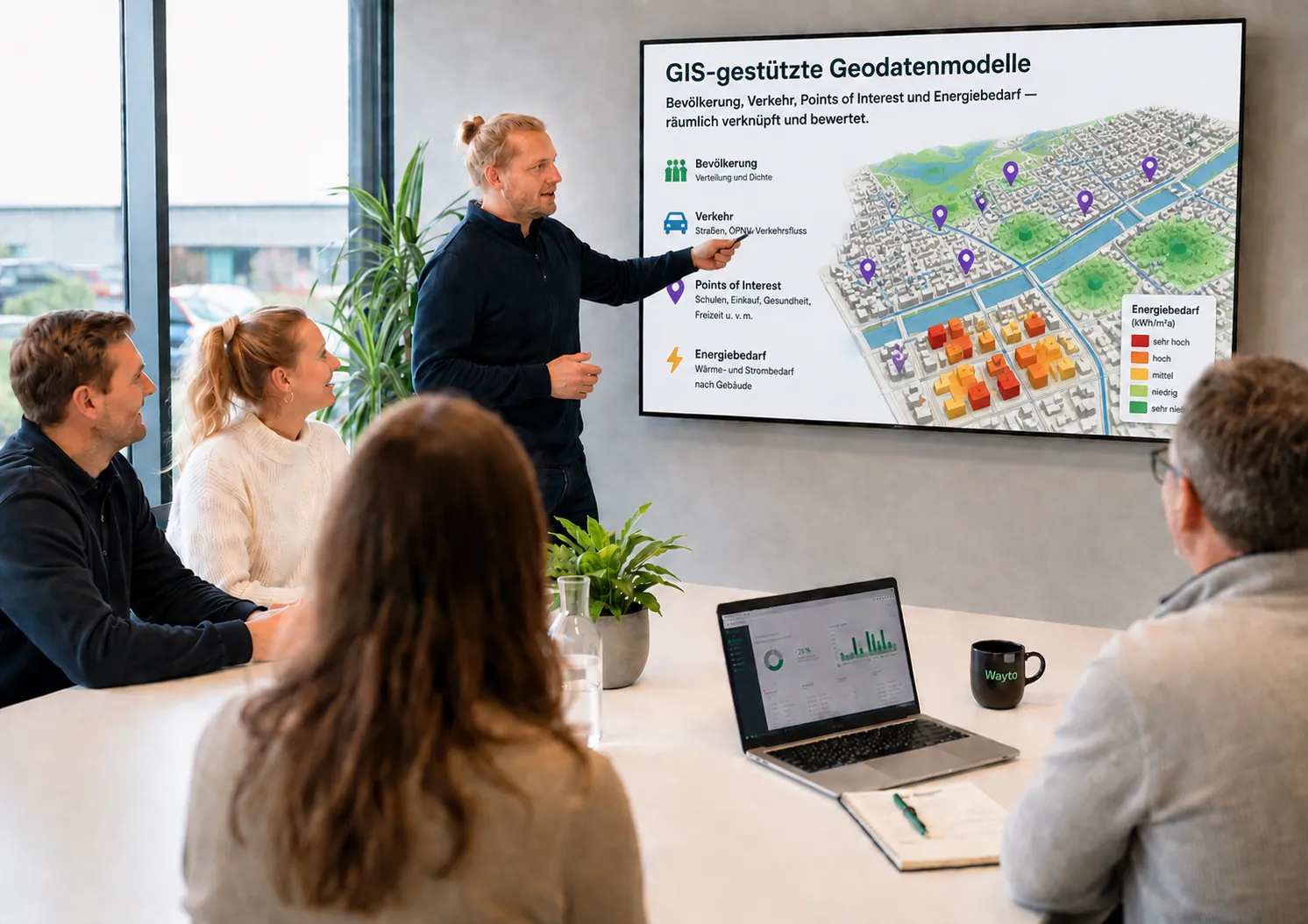 Presentation of a GIS-based geodata model on a screen in a meeting room