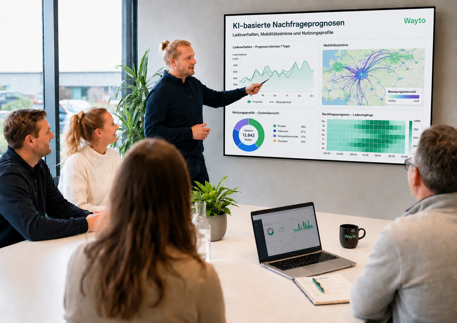 Presentation of AI-based demand forecasts with charts and mobility flows on a screen